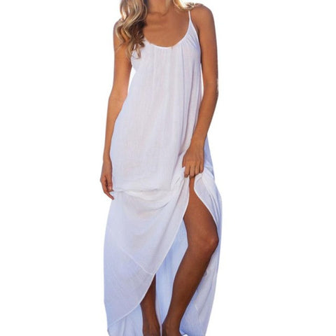 Women Sexy White Dress Sleeveless Backless Deep O-Neck Beach Summer Dresses