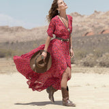 JECKSION Summer Women Boho Chiffon Dress Casual V-Neck Floral Party Beach Long Maxi Dresses Red long dress