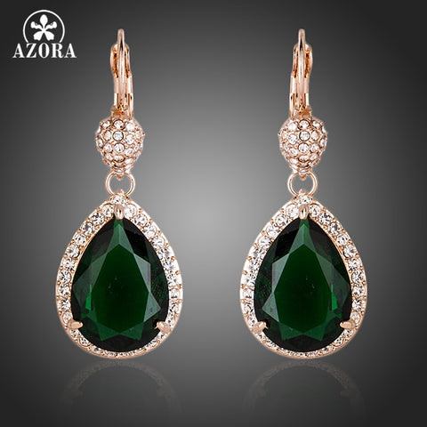 AZORA Noble Rose Gold Color Dark Green CZ With Crystal Surround Water Drop Earrings TE0157
