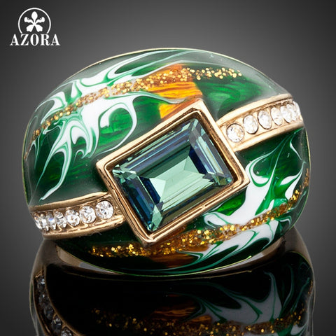 AZORA Gold Color Green Rectangle Stellux Austrian Crystal Oil Painting Pattern Ring TR0024