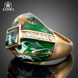 AZORA Gold Color Green Rectangle Stellux Austrian Crystal Oil Painting Pattern Ring TR0024