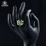 AZORA Gold Color Green Rectangle Stellux Austrian Crystal Oil Painting Pattern Ring TR0024