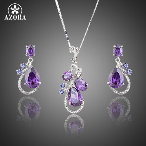 AZORA Lastest Issued Purple Top grade Cubic Zirconia Water Drop Earrings and Pendant Necklace Jewelry Sets TG0173