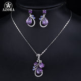 AZORA Lastest Issued Purple Top grade Cubic Zirconia Water Drop Earrings and Pendant Necklace Jewelry Sets TG0173