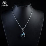 AZORA White Gold Color Big Irregular Shape Ink Blue Stellux Austrian Crystal Pendant Jewelry Necklace TN0064