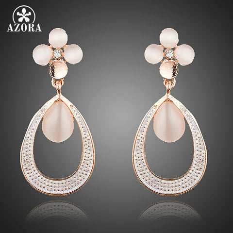 AZORA Elegant Rose Gold Color Opal Flower with Droplets Loop Earrings for Woman TE0185