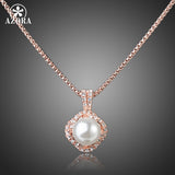 AZORA Rose Gold Color Stellux Austrian Crystal White Genuine Pearl Pendant Necklace TN0067