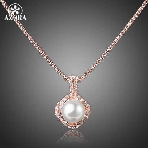 AZORA Rose Gold Color Stellux Austrian Crystal White Genuine Pearl Pendant Necklace TN0067