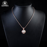 AZORA Rose Gold Color Stellux Austrian Crystal White Genuine Pearl Pendant Necklace TN0067