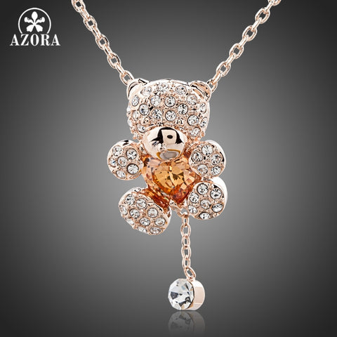 AZORA Cute Girl Rose Gold Color Rhinestones and Heart Shape Zircon Bear Jewelry Necklace TN0093
