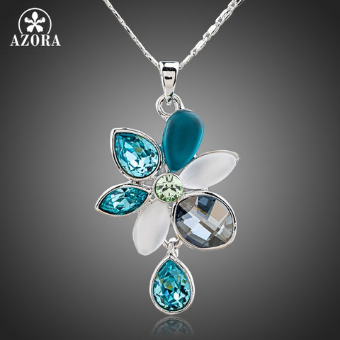 AZORA Unique Design White Gold Color Multicolor Stellux Austrian Crystal Flower Pendant Necklace TN0099
