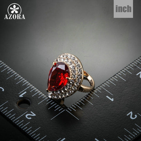 AZORA Gold Color Red Cubic Zirconia Stones Water Drop Ring TR0125