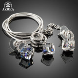 AZORA White Gold Color Bule Stellux Austrian Crystal Cube Drop Earrings and Necklace Jewelry Set TG0032