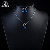 AZORA White Gold Color Bule Stellux Austrian Crystal Cube Drop Earrings and Necklace Jewelry Set TG0032