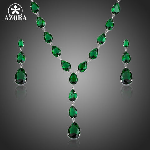 AZORA The Poem of Spring Green Cubic Zirconia Tear Drop Pendant Necklace and Earrings Jewelry Sets TG0148