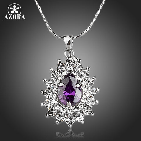 AZORA Glittering Purple Cubic Zirconia Stone Sunflower Pendant Necklace TN0124