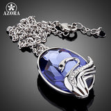 AZORA Swans Fly Blue Sky White Gold Color Stellux Austrian Crystal Ellipse Pendant Necklace TN0042