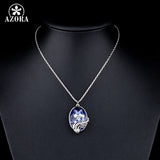 AZORA Swans Fly Blue Sky White Gold Color Stellux Austrian Crystal Ellipse Pendant Necklace TN0042