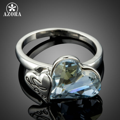 AZORA Genuine White Gold Color Love Double Hearts Blue Stellux Austrian Crystal Rings TR0182