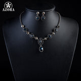 AZORA Exclusive Ancient Silver Color Bule Stellux Austrian Crystal Earrings and Necklace Set TG0034
