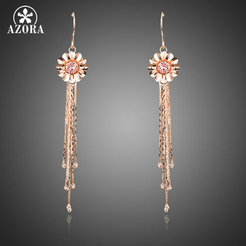 AZORA Women's Elegant Flower With Tassel Rose Gold Color Stellux Austrian Crystals Drop Earrings TE0214