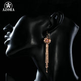AZORA Women's Elegant Flower With Tassel Rose Gold Color Stellux Austrian Crystals Drop Earrings TE0214