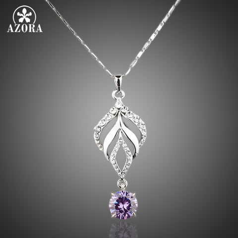 AZORA White Gold Color Stellux Austrian Crystals Purple Water Drop Pendant Necklace TN0005