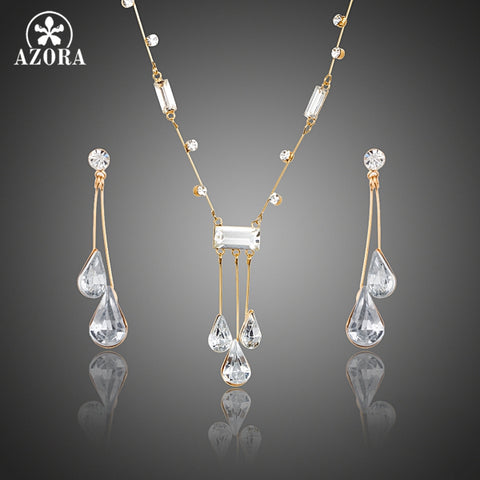 AZORA Elegant Gold Color Stellux Austrian Crystal Water Drop Earrings and Pendant Necklace Jewelry Sets TG0192