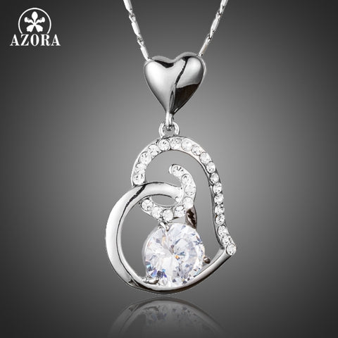 AZORA Valentine's Day Gift of Love Clear Heart Top grade AAA Cubic Zirconia Pendant Necklace TN0156