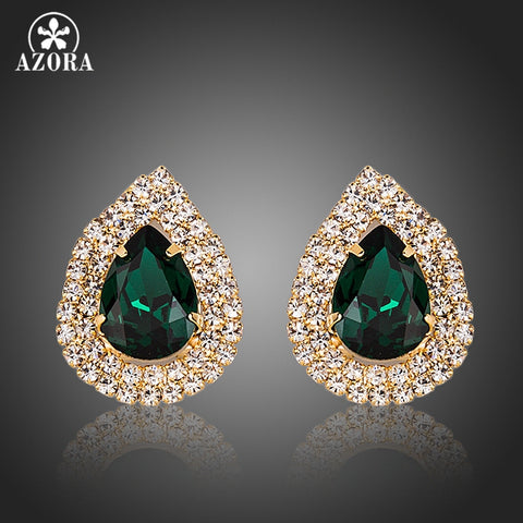 AZORA Gold Color Waterdrop Design Dark Green Cubic Zirconia Stud Earrings TE0129
