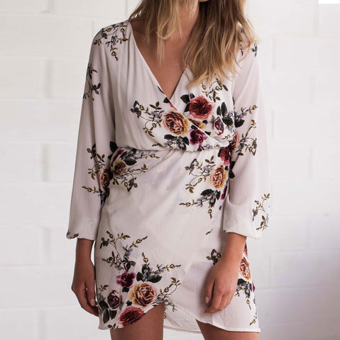 Boho Autumn Dress Women Floral Printing Long Sleeve Evening Party Dress