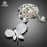 AZORA Imitation Opal with Clear Cubic Zirconia Dragonfly White Gold Color Pendant Necklace for Gift TN0183
