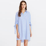 Butterfly Sleeves Autumn Dress Women Buttons Print Vertical Striped Embroidered Workwear Straight Shirt Dress