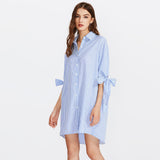 Butterfly Sleeves Autumn Dress Women Buttons Print Vertical Striped Embroidered Workwear Straight Shirt Dress