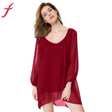 Sexy Party Dresses Women Loose wine Red Solid Color Chiffon Wide Collar Mini Dress