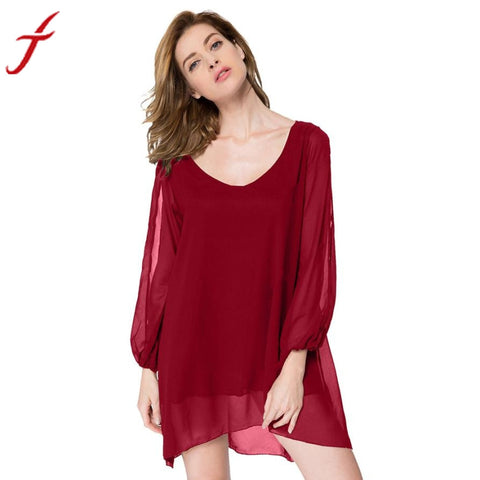 Sexy Party Dresses Women Loose wine Red Solid Color Chiffon Wide Collar Mini Dress
