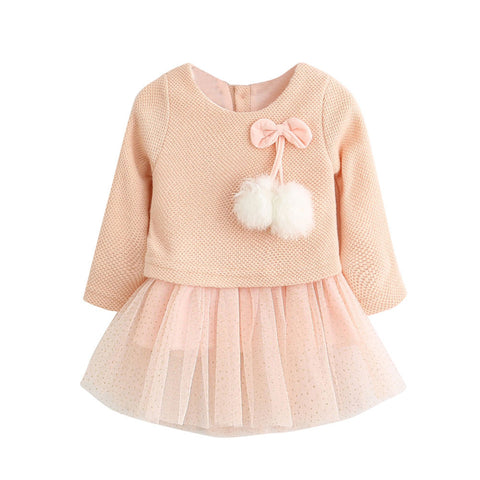 Baby Kid Girls Long Sleeve Knitted Bow Newborn Tutu Princess Dress
