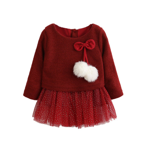 Baby Kid Girls Long Sleeve Knitted Bow Newborn Tutu Princess Dress