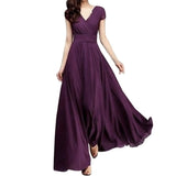 Fashion Women Casual Solid Chiffon V-Neck Evening Party Long Dress